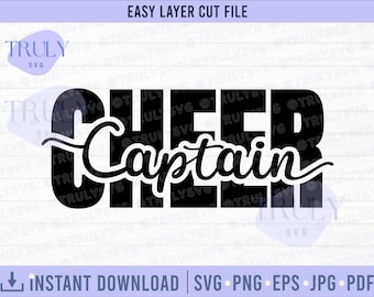 May include: Black and white text graphic that reads "Cheer Captain" with a decorative flourish on the "Captain" text. The graphic is suitable for use as a digital download for crafting projects.