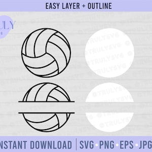 Peut inclure: Contour noir et blanc d'un ballon de volley-ball avec un espace vide pour du texte. Le ballon de volley-ball est divisé en deux horizontalement. L'image est sur un fond blanc.