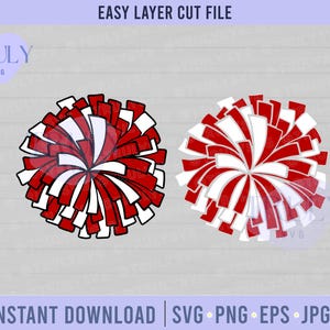May include: Two red and white pom-poms, perfect for cheerleading or crafting projects. The pom-poms have a radial design with alternating red and white stripes. The text "EASY LAYER CUT FILE" is at the top. The text "INSTANT DOWNLOAD | SVG PNG EPS JPG PDF" is at the bottom.