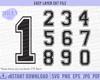 May include: A digital graphic featuring the numbers 1 through 0 in a varsity-style font. Each number is black with a white outline. The image includes the text "EASY LAYER CUT FILE" and "INSTANT DOWNLOAD".