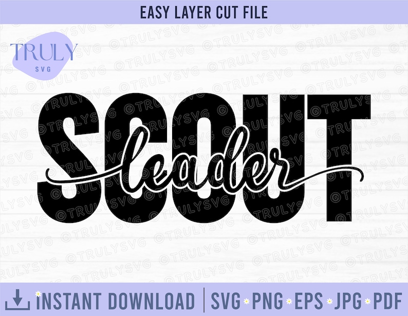 Puede incluir: Dise&ntilde;o de archivo de corte en capas en blanco y negro para un proyecto artesanal. El dise&ntilde;o dice "Scout Leader" en una fuente en negrita y en bloque.
