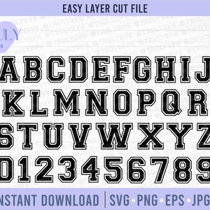 May include: Black and white varsity style alphabet and numbers. The letters and numbers have a thick black outline.