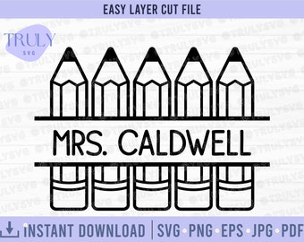 Pencil SVG, Pencil Name Frame SVG, Teacher SVG, school pencil svg, school svg, pencil cut file, split monogram svg, pencil monogram svg, svg