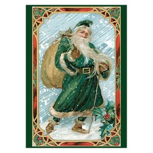 Vintage Green Santa Folded Christmas Cards - 5 cards - 5x7