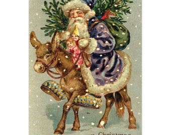 Vintage Santa Claus And Mule Christmas Cards - 5x7 - 5 Pack