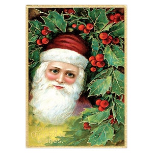 Vintage Santa Claus In Holly Christmas Cards - 5x7 - 5 Pack