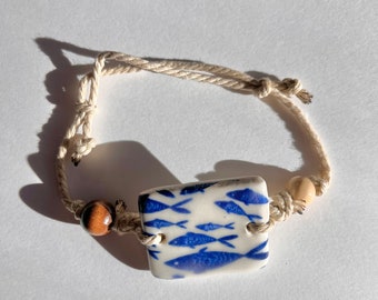 Fish Ceramic Adjustable Cord Bracelet With Wood Beads