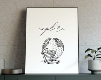 Explore, Wall Art, Poster Print, Typography Wall Decor, Digital Download, Modern Wall Decor, Black and White Wall Art