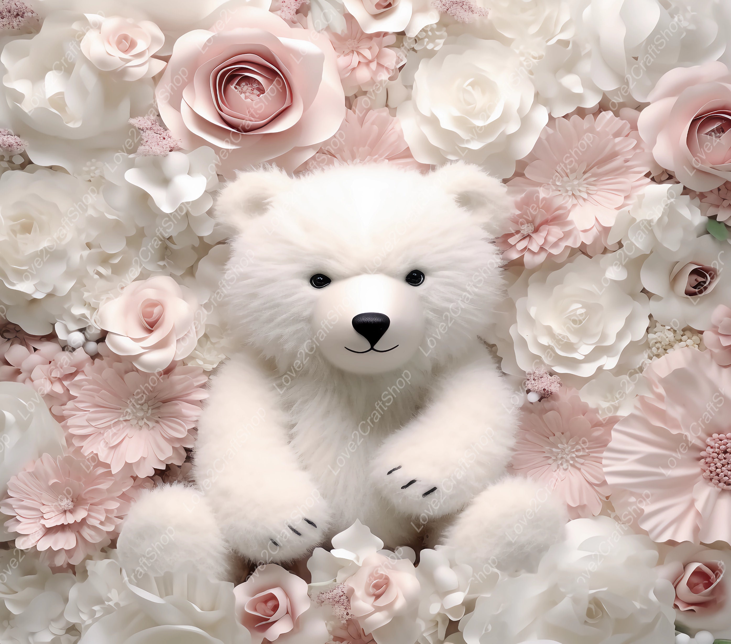 3D White Teddy Bear White Pink Floral 20 Oz Skinny Straight Sublimation ...