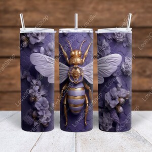 3D purple bee Honeycomb purple flower 20 oz skinny Straight sublimation tumbler wrap PNG Purple floral Nature lover floral bee lover gift