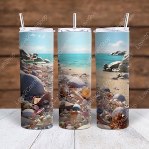 3D beach ocean Sea Glass Tumbler Wrap PNG 20 oz skinny Straight sublimation Seashells Enthusiast Beach crashing wave Design Nautical gift