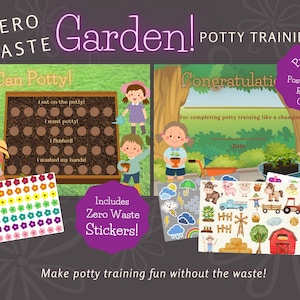 May include: A potty training kit with a zero waste theme. The kit includes a chart with stickers to track potty training progress, a certificate for completing potty training, and a set of stickers with a garden theme. The kit is printed on 100% post-consumer recycled content.