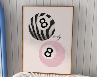 8 Ball Cheetah Print, 8 Ball Wall Art, Preppy Pink Poster, Light Pink Wall Art Dopamine Poster, Vintage Pool Ball, Wall Art Digital Download