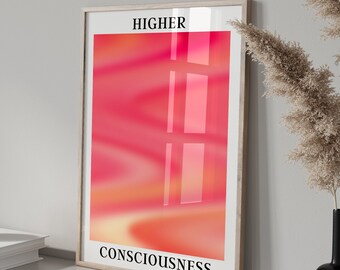 May include: A framed print with a pink and orange abstract design. The text "HIGHER CONSCIOUSNESS" is printed below the image.