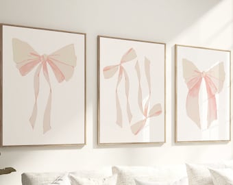 Beige Bow Print Set Of 3, Preppy Wall Art, Teen Room Decor, White Bow Print, College Apartment Decor, Nursery Wall Art DIGITAL DOWNLOAD