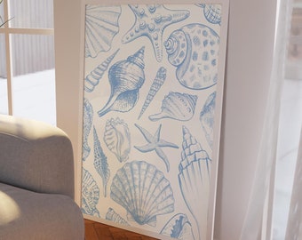Seashells Pastel Blue Print Vintage Line Art Coastal Cowgirl Wall Art Coastal Beachy Wall Art Decor College Girls Dorm Room DIGITAL DOWNLOAD
