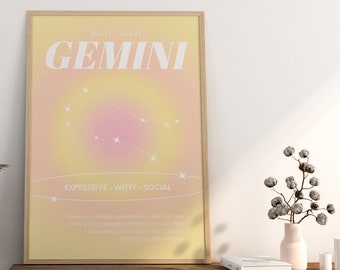 GEMINI Star Sign Instant Download Print, Zodiac Art Printable, Spirituele Muurkunst, Aura Gradiënt Poster, DIGITALE DOWNLOAD.
