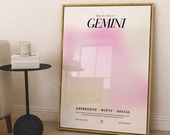 Gemini Star Sign Téléchargement instantané Print, Zodiac Art Printable, Spiritual Wall Art, Aura Gradient Poster, DIGITAL DOWNLOAD.
