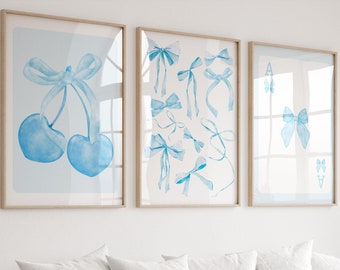 Trendy Blue Bows Wall Art Set, Blue Coquette Print, Preppy Blue Poster, Bow Wall Art, Croquette Room Decor, Blue Bow Print DIGITAL DOWNLOAD