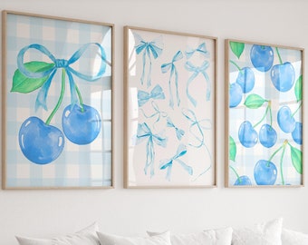 Trendy Croquette Blue Bows Wall Art Set of 3, Preppy wall art, Coquette Room Decor Preppy Wall Art, Croquette Wall Art, DIGITAL DOWNLOAD