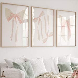 Beige Bow Print Set Of 3, Preppy Wall Art, Teen Room Decor, White Bow Print, College Apartment Decor, Nursery Wall Art DIGITAL DOWNLOAD