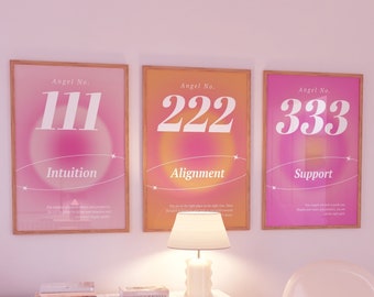 SET Of 3 Angel Number Set 111,222,333, Aura Posters, Angel Number Poster, Gradient Aura Angel, Trendy Dorm Wall Art, Digital Download