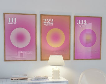 SET Of 3 Angel Number Set 111,222,333, Aura Posters, Angel Number Poster, Gradient Aura Angel, Trendy Dorm Wall Art, Digital Download