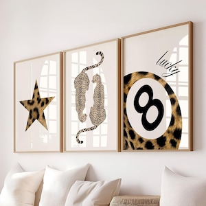 Set of 3 Leopard Print, Lucky 8 Ball Wall Art, Cheetah Posters, Boho Maximalist Dorm Wall Art, Cheetah Print Digital Decor, DIGITAL DOWNLOAD