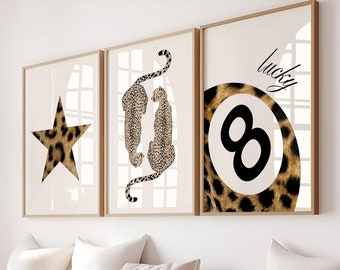 Set of 3 Leopard Print, Lucky 8 Ball Wall Art, Cheetah Posters, Boho Maximalist Dorm Wall Art, Cheetah Print Digital Decor, DIGITAL DOWNLOAD