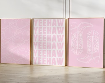 Trendy Cowgirl Poster Set of 3, Preppy Pink Dorm Room Decor, Pink Preppy Cowgirl Boot Wall Art, Preppy Coastal Wall Art DIGITAL DOWNLOAD