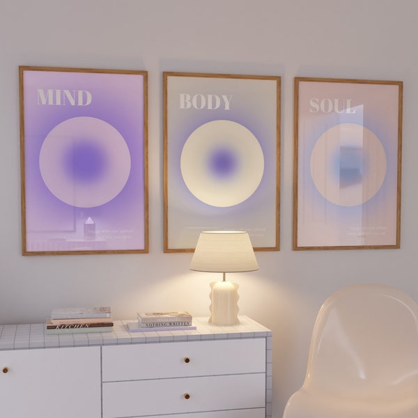 Set Of 3 Aura Mind, Body, Soul Poster Instant Download Printable, Aura Angel Number Wall Art, Spiritual Gradient, Eclectic Art, Retro Decor.