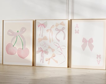 Trendy Beige Coquette Bows Wall Art Set Of , Pink Dorm Nursery College Room Wall Art Set, Preppy Pink Playing Card Y2K DOWNLOADABLE WALL ART