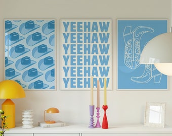 Trendy Blue Cowgirl Poster Set of 3, Preppy Blue Dorm Room Decor, Blue Preppy Cowgirl Boot Wall Art, Blue Coastal Wall Art DIGITAL DOWNLOAD