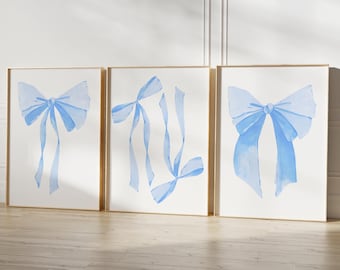 Blue Bow Print Set Of 3, Preppy Wall Art, Teen Room Decor, Preppy Blue Bow Poster College Apartment Decor, Nursery Wall Art DIGITAL DOWNLOAD