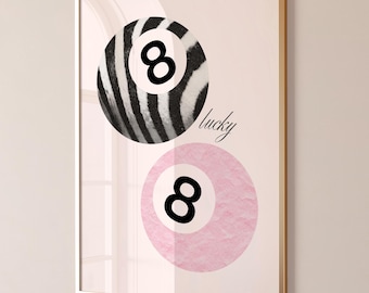 8 Ball Cheetah Print, 8 Ball Wall Art, Preppy Pink Poster, Light Pink Wall Art Dopamine Poster, Vintage Pool Ball, Wall Art Digital Download