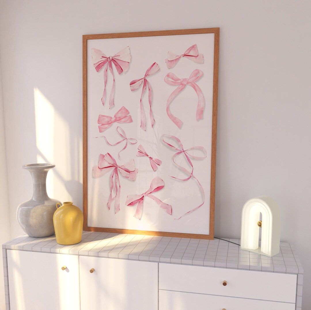 Trendy Pink Bow Wall Art, Coquette Room Decor Preppy Poster, Watercolor ...
