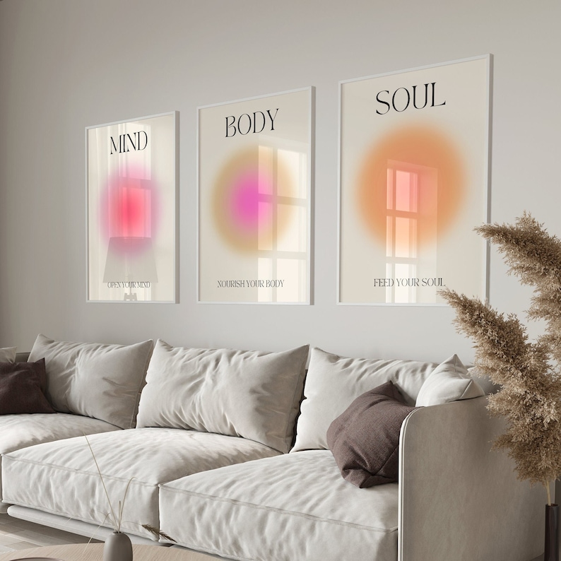 Positive Aura Posters Set Of 3, Spiritual Poster, Grainy Gradient, Gradient Print, Colourful Aura Poster, Trendy Wall Art DIGITAL DOWNLOAD image 1