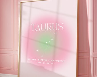 TAURUS Star Sign Impresión de descarga instantánea, arte del zodíaco imprimible, arte de pared espiritual, póster de degradado de aura, DESCARGA DIGITAL.