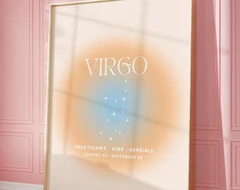 VIRGO Star Sign Impresión de descarga instantánea, arte del zodíaco imprimible, arte de pared espiritual, póster de degradado de aura, DESCARGA DIGITAL.