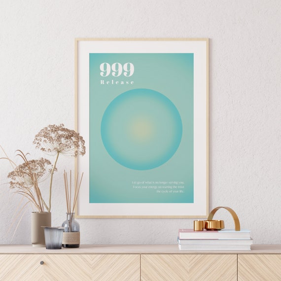Aura Angel Number Poster 999 Instant Printable Download, Angel Number Wall Art, Green Blue Gradient Print, Energy Wall Art, Spiritual Poster