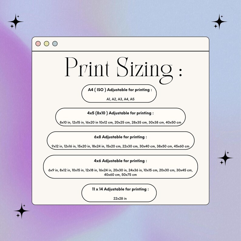 May include: A white graphic with a pink and purple gradient background. The graphic shows a list of different print sizes in inches and centimeters. The text reads "Print Sizing" and lists the following sizes: A4 (ISO), 4x5 (8x10), 6x8, 4x6, and 11x14.