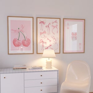 Trendy Pink Bows Wall Art Set of 3, Coquette Room Decor Preppy Poster, College Decor, Croquette Aesthetic , Girly Wall Art DIGITAL DOWNLOAD