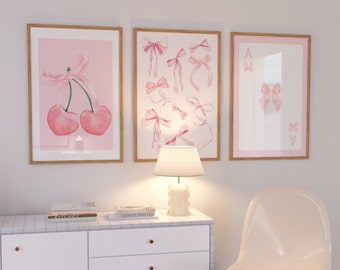 Trendy Pink Bows Wall Art Set of 3, Coquette Room Decor Preppy Poster, College Decor, Croquette Aesthetic , Girly Wall Art DIGITAL DOWNLOAD