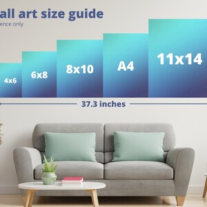 May include: A wall art size guide with a white background and a gray couch in the foreground. The guide shows different sizes of wall art, including 4x6, 6x8, 8x10, A4, and 11x14 inches. The guide is 37.3 inches wide.