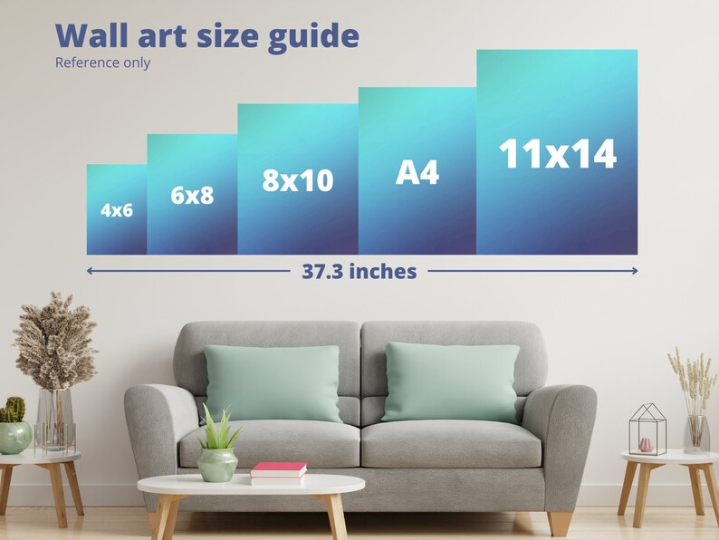 May include: A wall art size guide with a white background and a gray couch in the foreground. The guide shows different sizes of wall art, including 4x6, 6x8, 8x10, A4, and 11x14 inches. The guide is 37.3 inches wide.