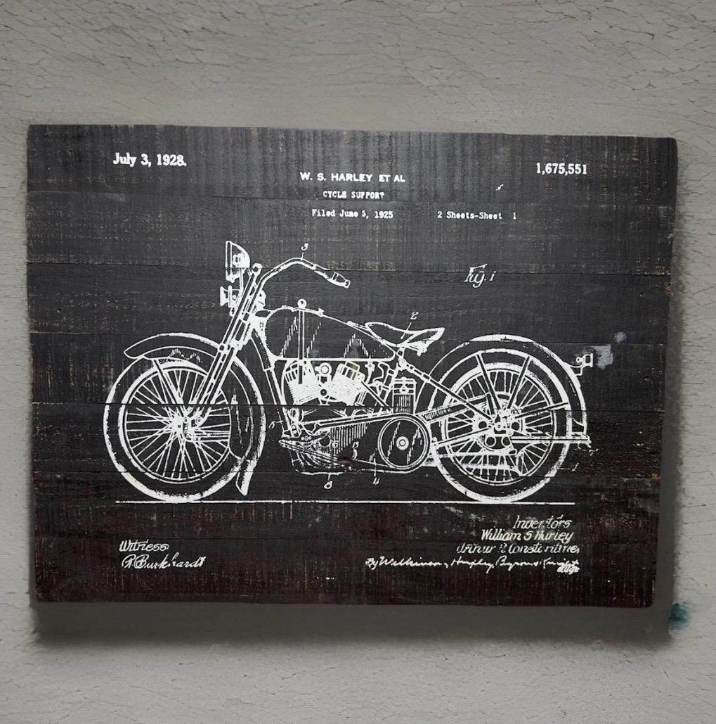 Harley Davidson Motorcycle Patent Art Drawing Solid Wood Plank