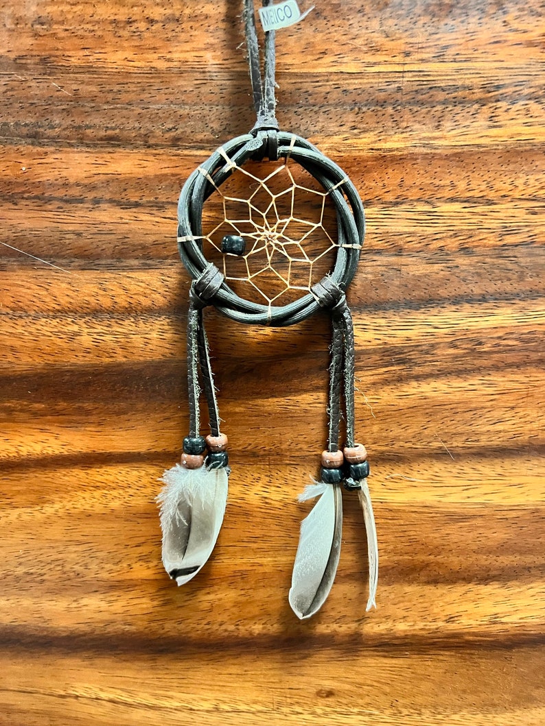 May include: A small, handcrafted dreamcatcher with a dark gray woven hoop and a web of tan string. Two gray and white feathers dangle below, accented with wooden beads. The dreamcatcher is suspended by a dark gray cord, with a tag that says "MEXICO".