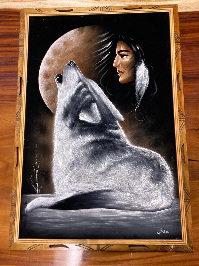 Handmålad sammet Moonlit Howling Wolf