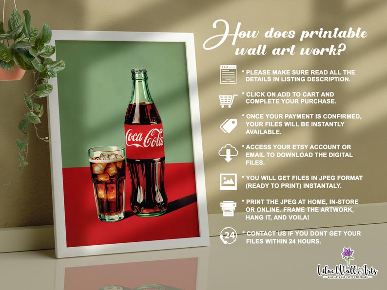 May include: A printable wall art design featuring a vintage-style illustration of a Coca-Cola bottle and a glass of ice-cold Coca-Cola. The design is set against a green and red background. The text "How does printable wall art work?" is displayed on the right side of the image, along with a list of instructions for purchasing and downloading the digital files.
