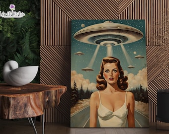 Retro UFO Abduction Poster: Alien Girl Art, Ufo print (Digital Download)